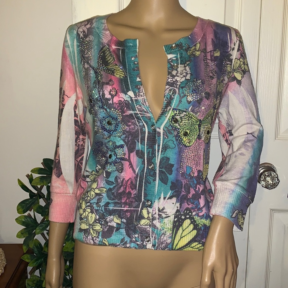 Y2K Gorgeous pastel blue pink sparkling butterflies cardigan unique sweater M